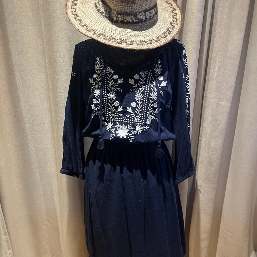 Talbots Navy Blue Dress with White Floral Embroidery